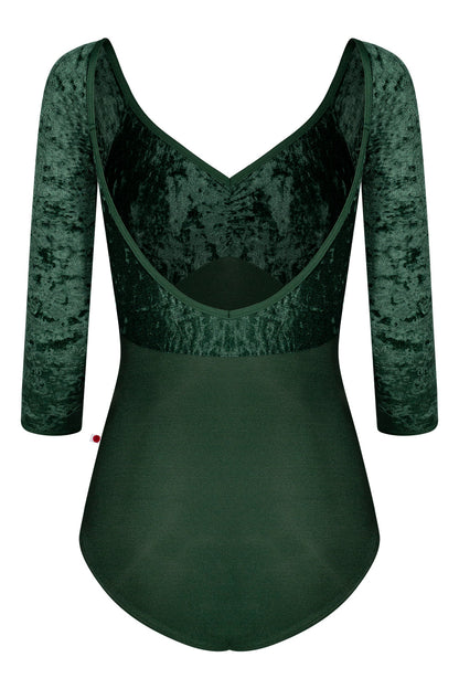 Elli leotard in N-Huntress body color with CV-Pine top color and N-Huntress trim color. Features 3Q sleeves