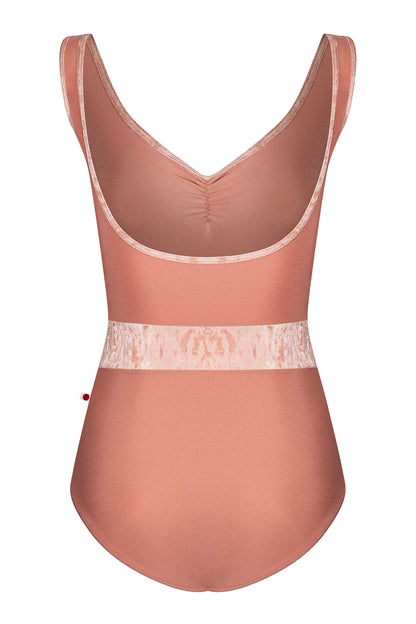 Lucy leotard in N-Rosewood body & top color with CV-Pecan trim and middle band color