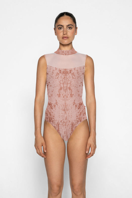 Camila leotard in CV-Pecan body color with Mesh Blush top color and T-Misty Rose trim and straps color