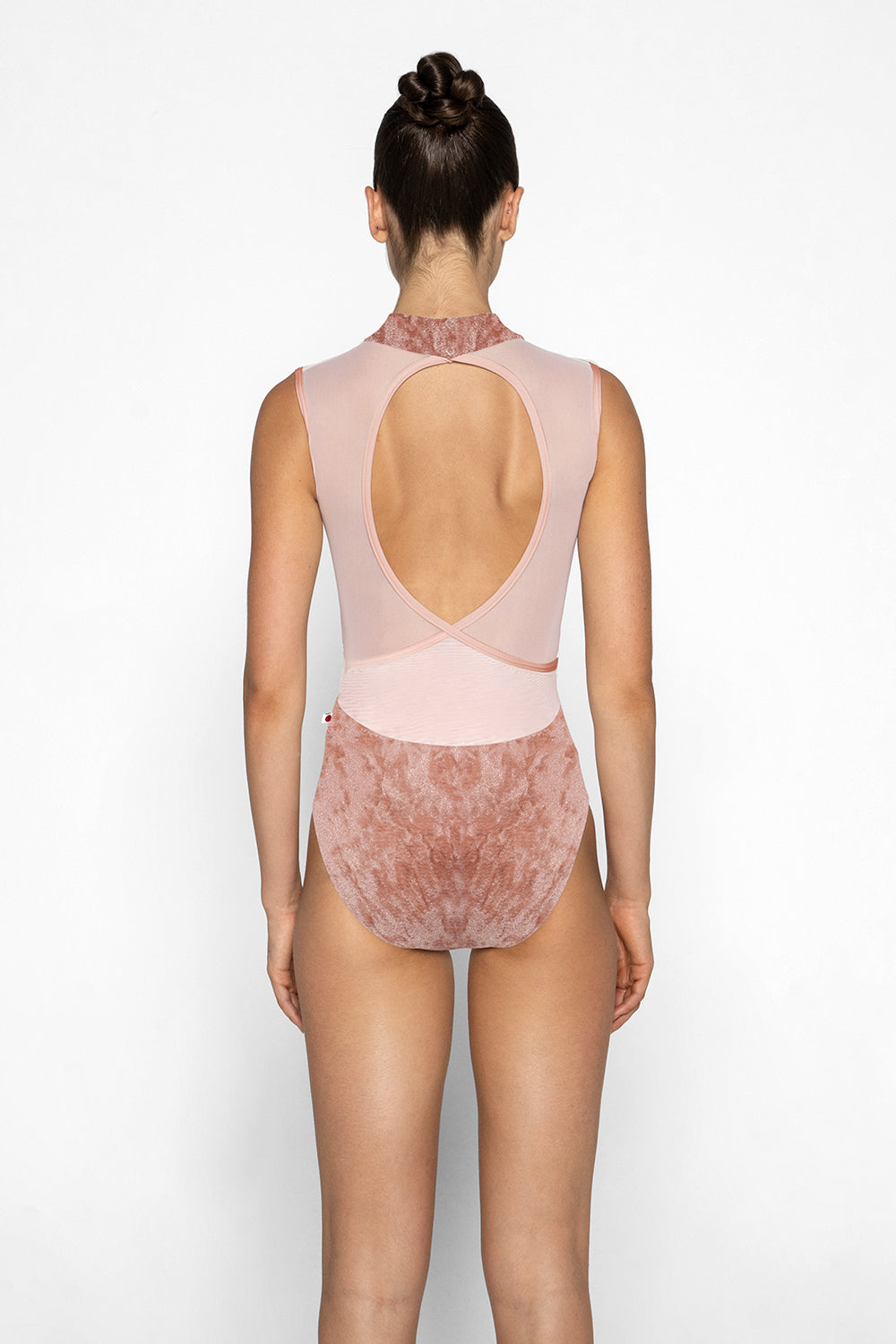 Camila leotard in CV-Pecan body color with Mesh Blush top color and T-Misty Rose trim and straps color