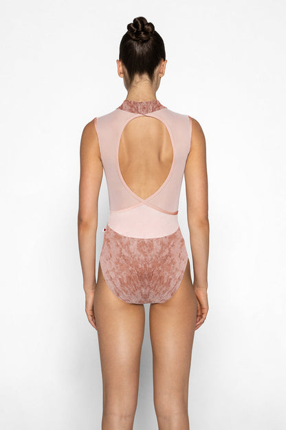 Camila leotard in CV-Pecan body color with Mesh Blush top color and T-Misty Rose trim and straps color
