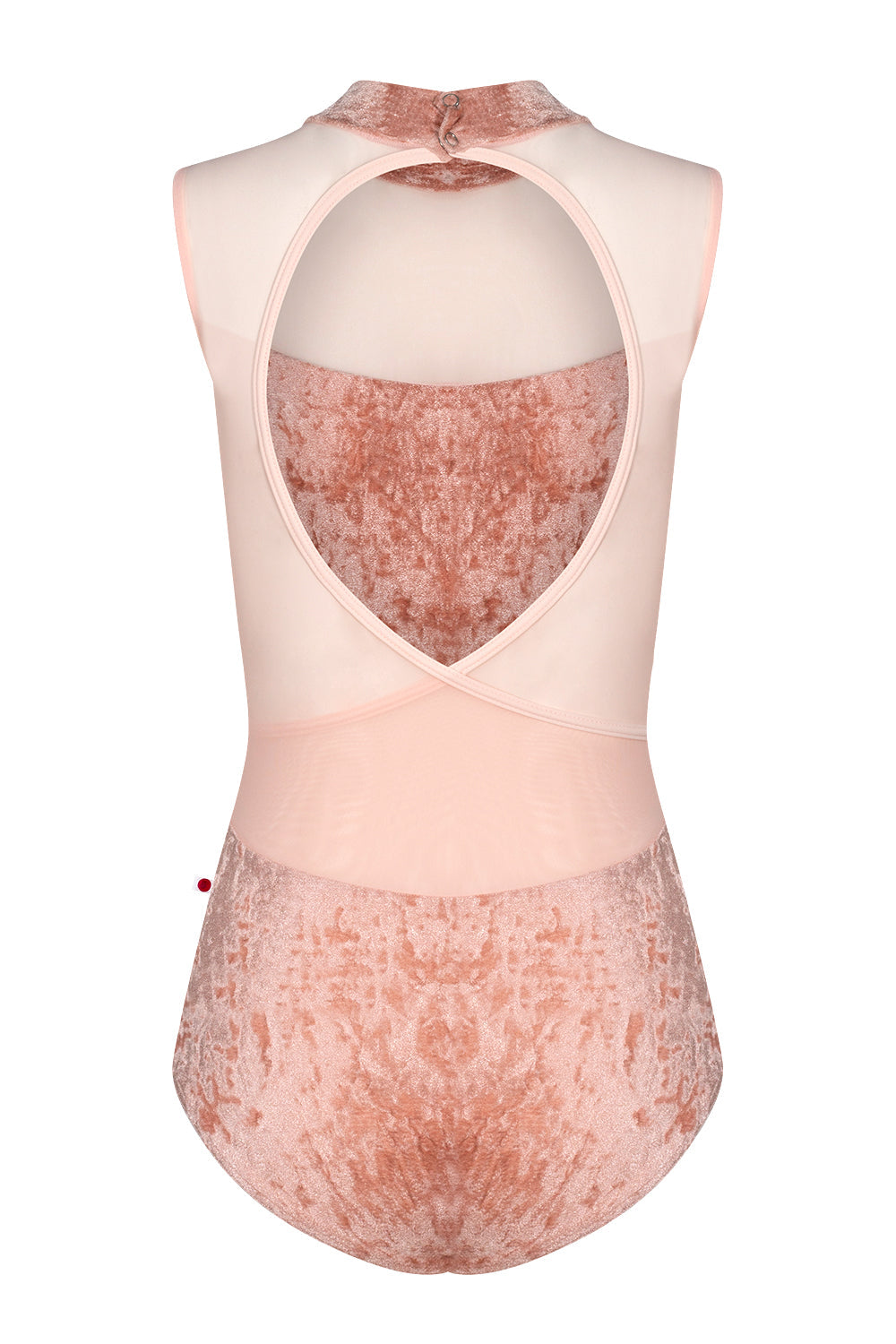 Camila leotard in CV-Pecan body color with Mesh Blush top color and T-Misty Rose trim and straps color