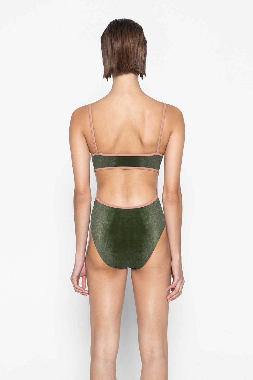 Kiki pinched leotard in V-Safari body color with N-Nectar trim color