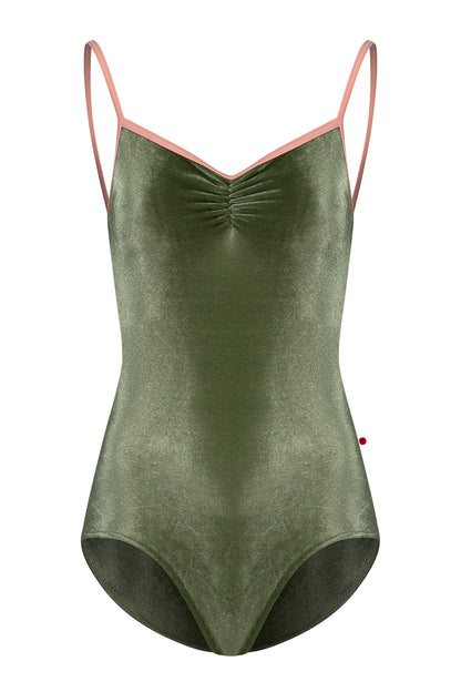 Kiki pinched leotard in V-Safari body color with N-Nectar trim color