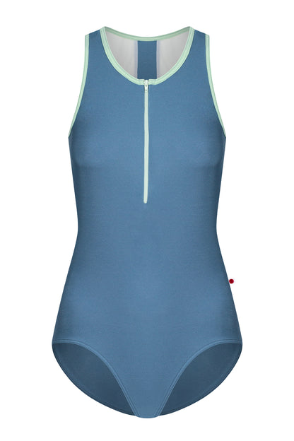 Sasha leotard in N-Riva body color with Mesh White top color and T-Pistachio trim color