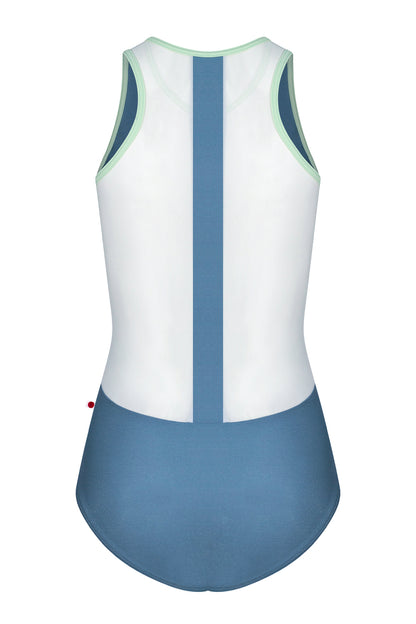 Sasha leotard in N-Riva body color with Mesh White top color and T-Pistachio trim color