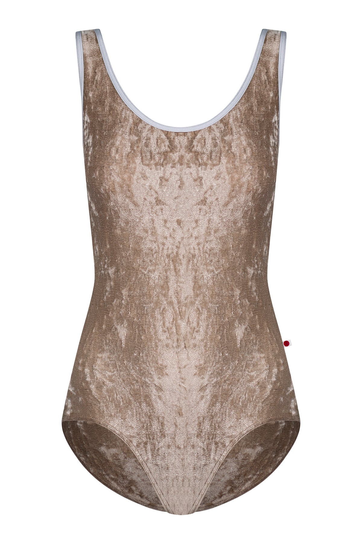 Veronique leotard in CV-Toffee body color with Mesh Dolce top color and N-Silver trim color
