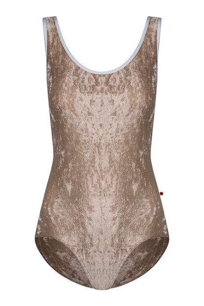 Veronique leotard in CV-Toffee body color with Mesh Dolce top color and N-Silver trim color