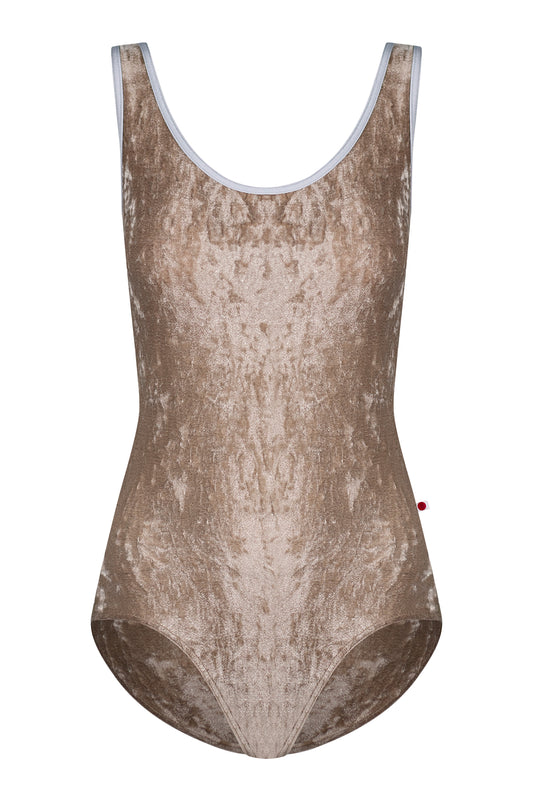 Veronique leotard in CV-Toffee body color with Mesh Dolce top color and N-Silver trim color