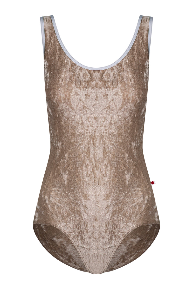 Veronique leotard in CV-Toffee body color with Mesh Dolce top color and N-Silver trim color
