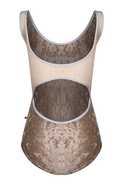 Veronique leotard in CV-Toffee body color with Mesh Dolce top color and N-Silver trim color
