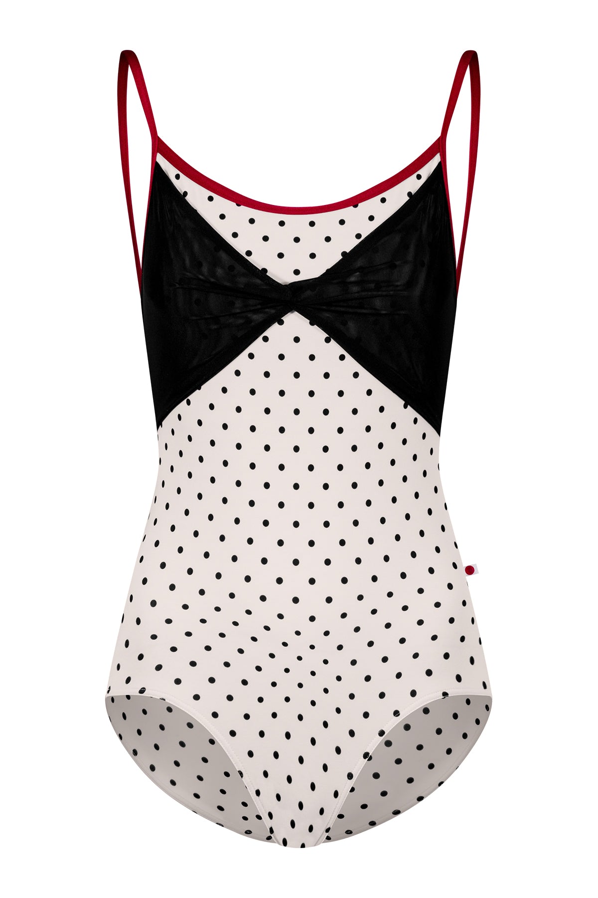 Kathy leotard in T-Lunares Cream body color with Mesh Black Overlay and N-Berry trim color