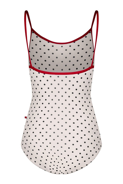 Kathy leotard in T-Lunares Cream body color with Mesh Black Overlay and N-Berry trim color