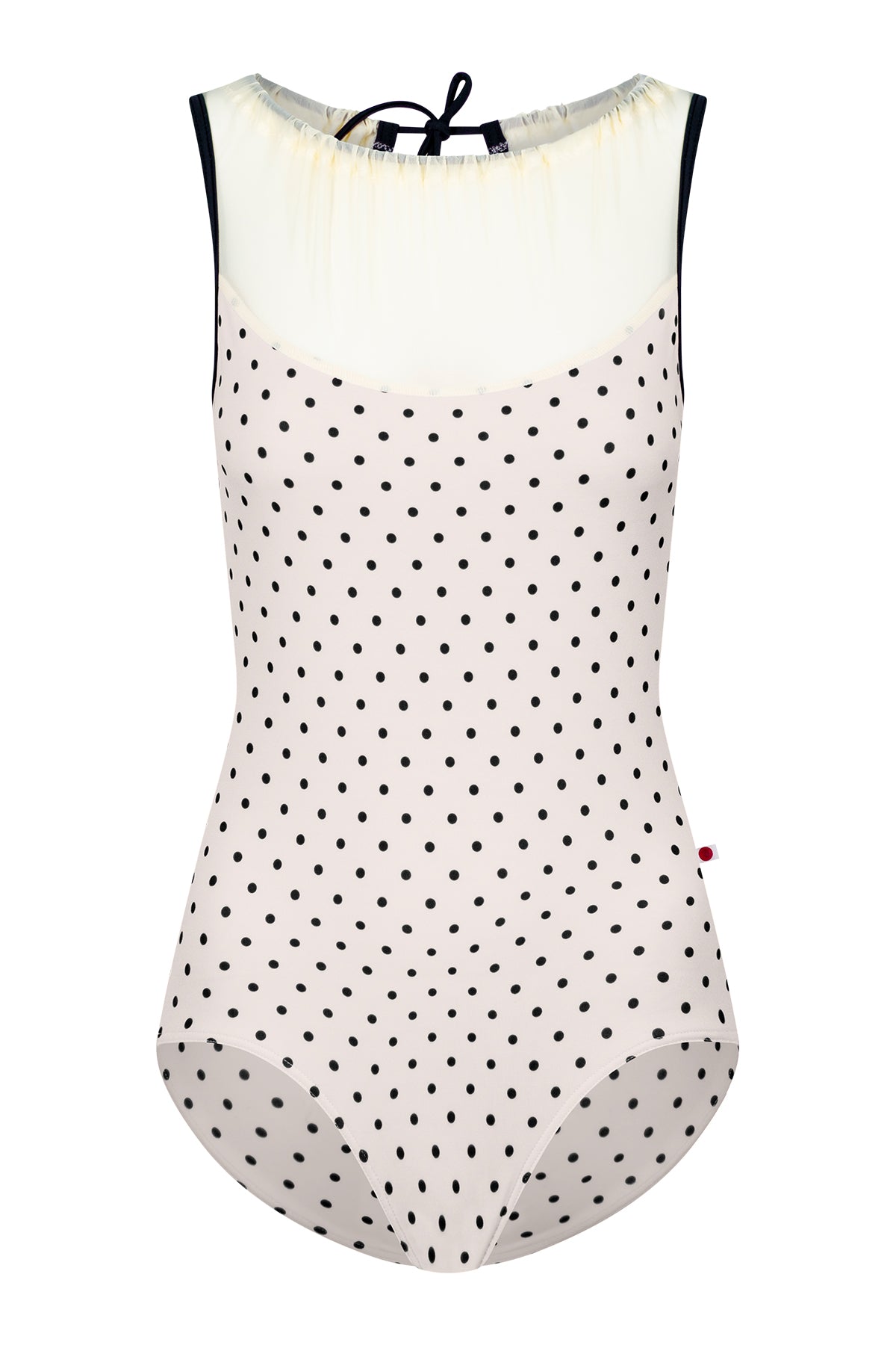 Paris leotard in T-Lunares Cream body with Mesh Vanilla top color and T-Black trim color