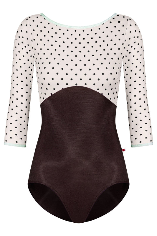 Sofiane Duo leotard in N-Espresso body color with T-Lunares Cream top & 3Q Sleeves and CV-Pistachio trim color