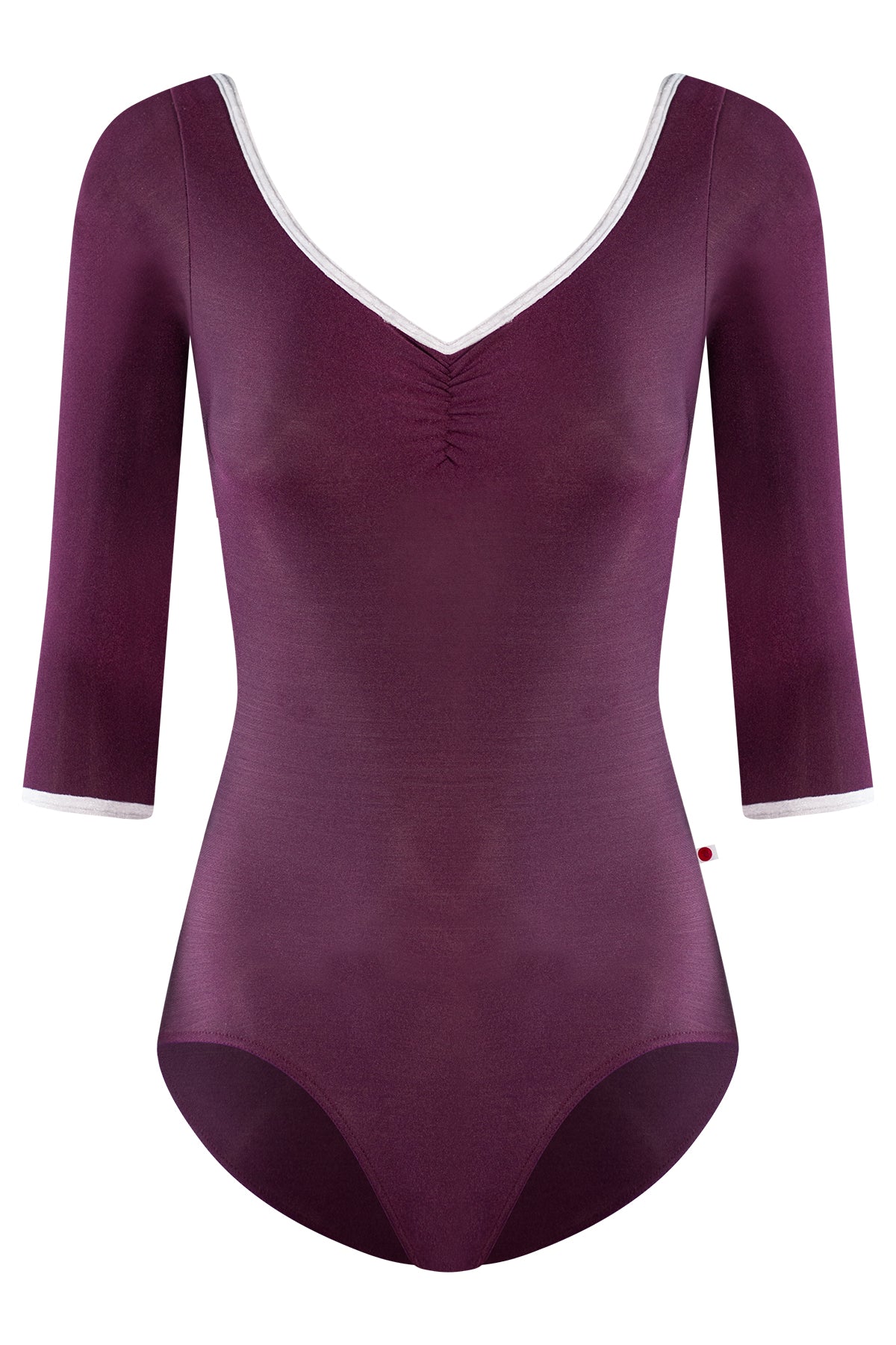 Anna leotard, aubergine-purple with a ruched V-neck, white trim and three-quarter sleeves.