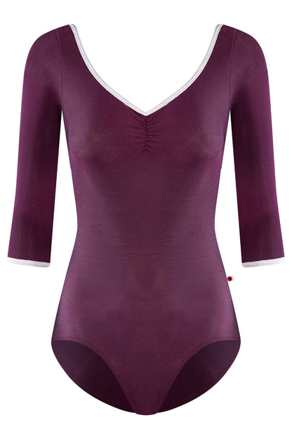 Anna leotard, aubergine-purple with a ruched V-neck, white trim and three-quarter sleeves.