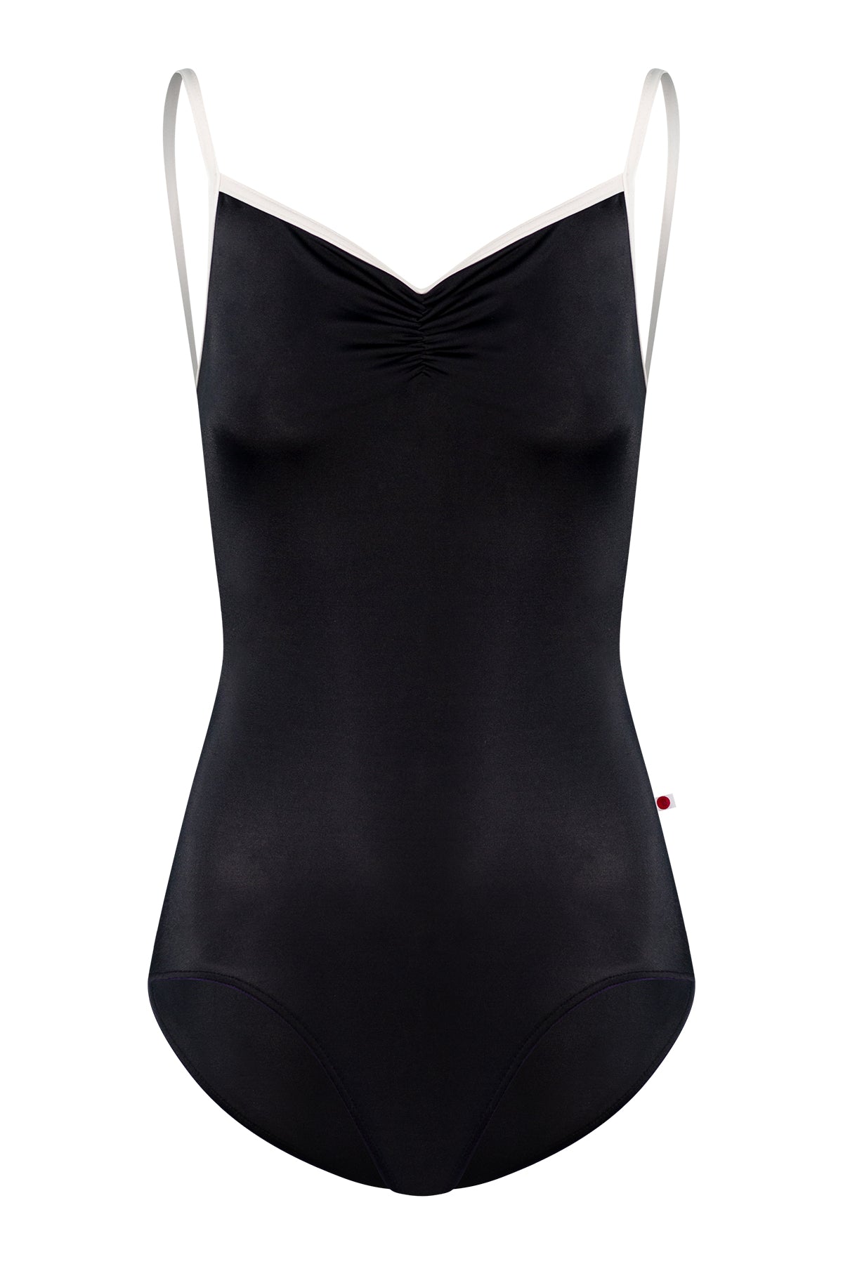 Daniela leotard, black with a ruched V-neck and white trim and straps.