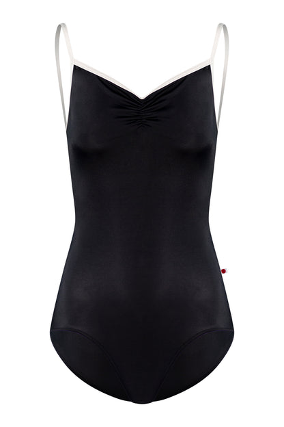 Daniela leotard, black with a ruched V-neck and white trim and straps.