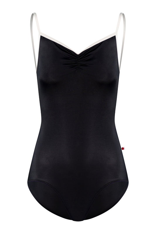 Daniela leotard, black with a ruched V-neck and white trim and straps.
