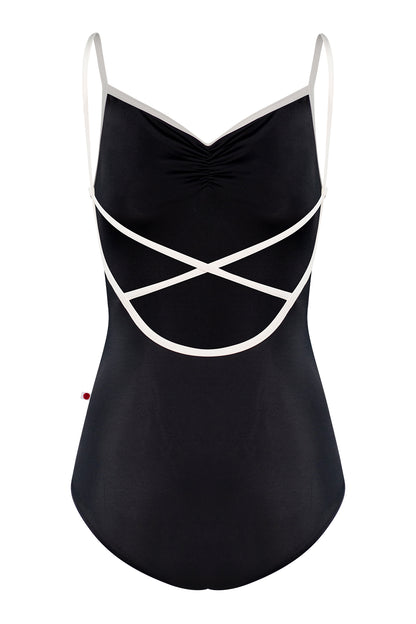 Daniela leotard, black with a ruched V-neck and white trim and straps.