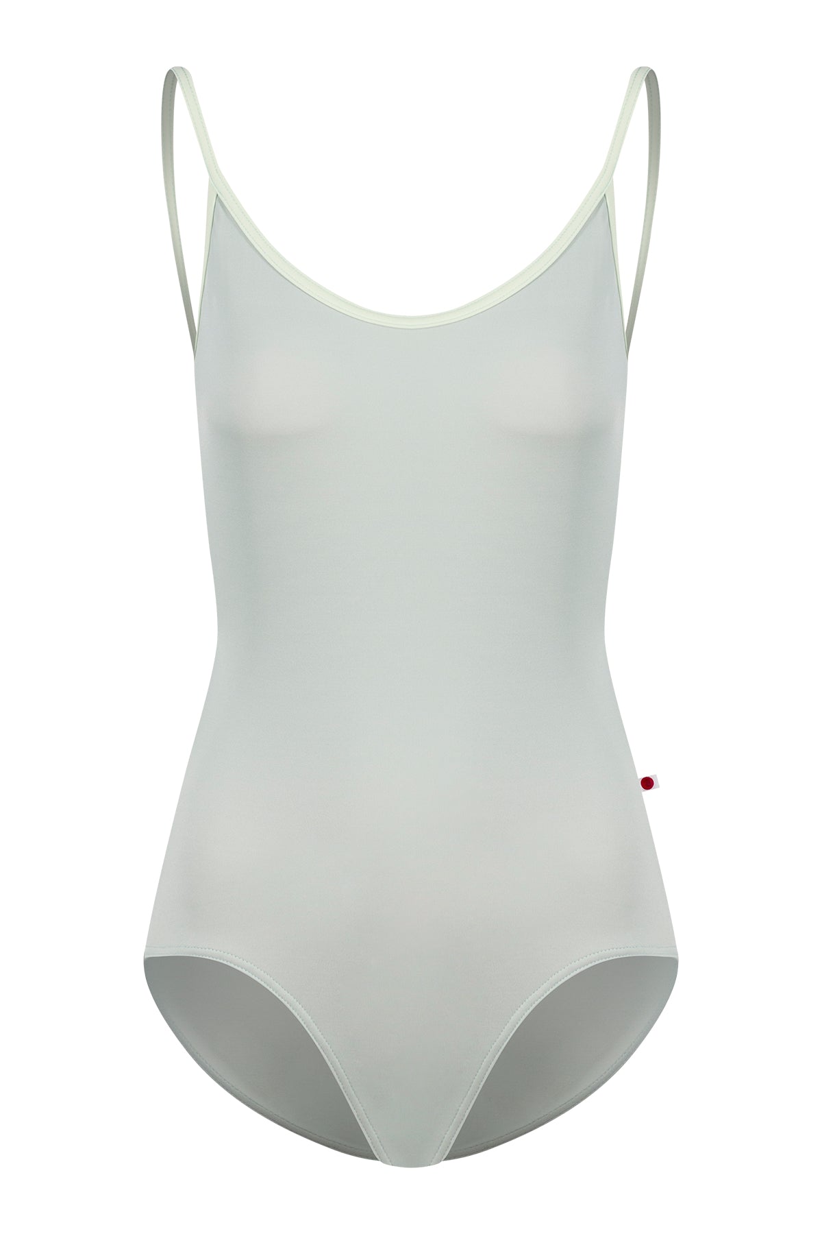 Fiona leotard, pale pistachio with a scoop neck and thin pale-yellow straps.