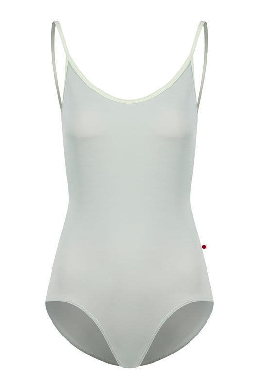 Fiona leotard, pale pistachio with a scoop neck and thin pale-yellow straps.