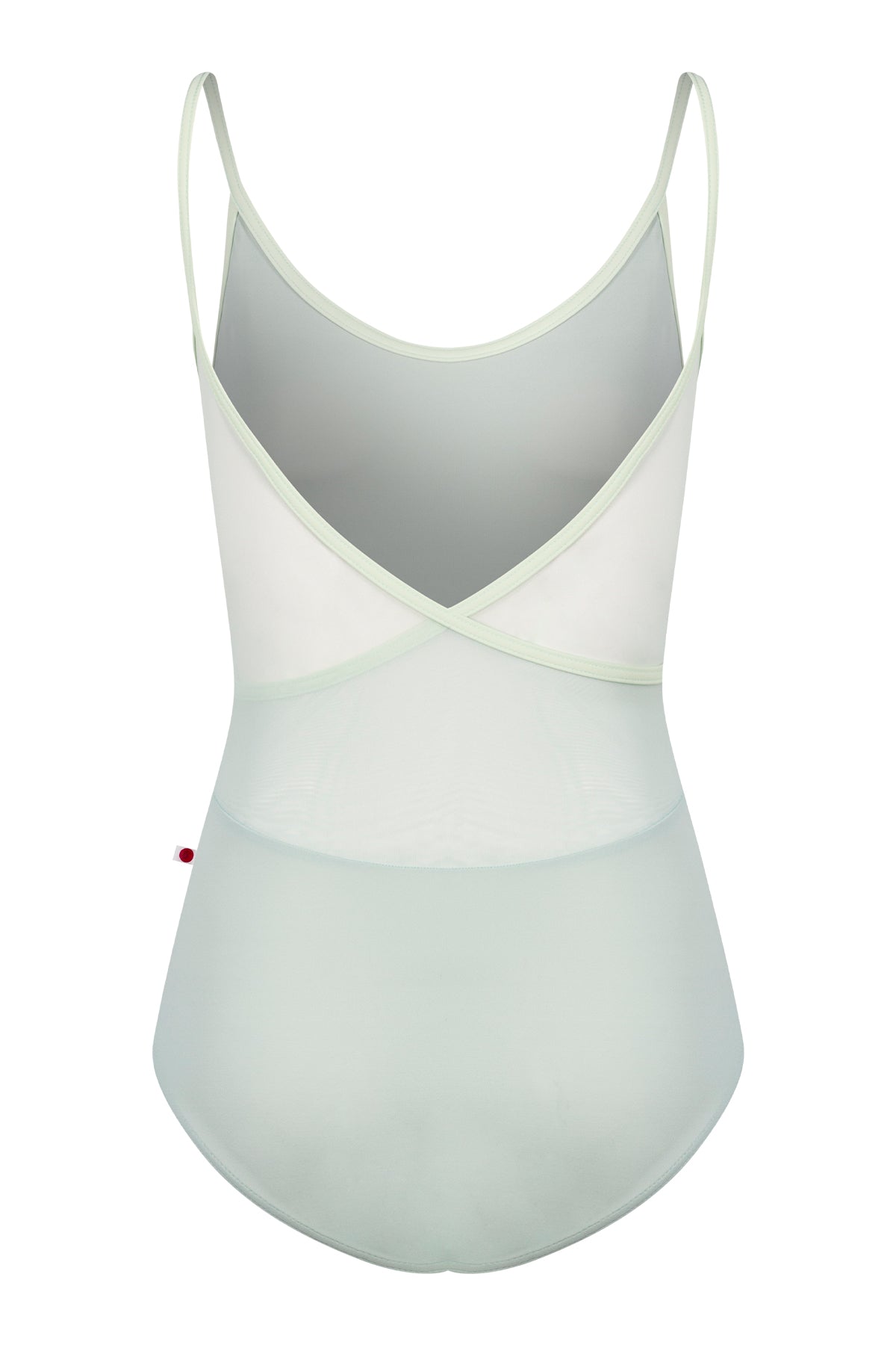 Fiona leotard, pale pistachio with a scoop neck and thin pale-yellow straps.