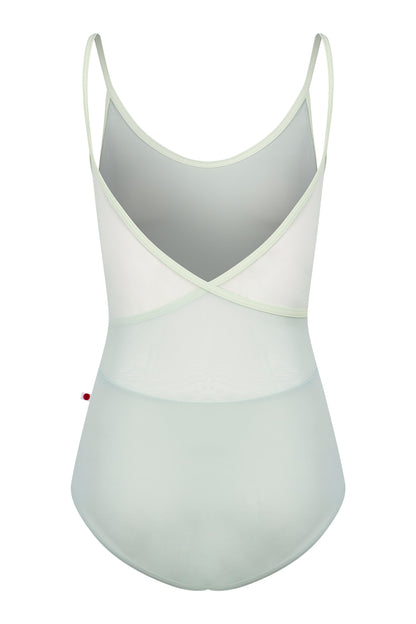 Fiona leotard, pale pistachio with a scoop neck and thin pale-yellow straps.