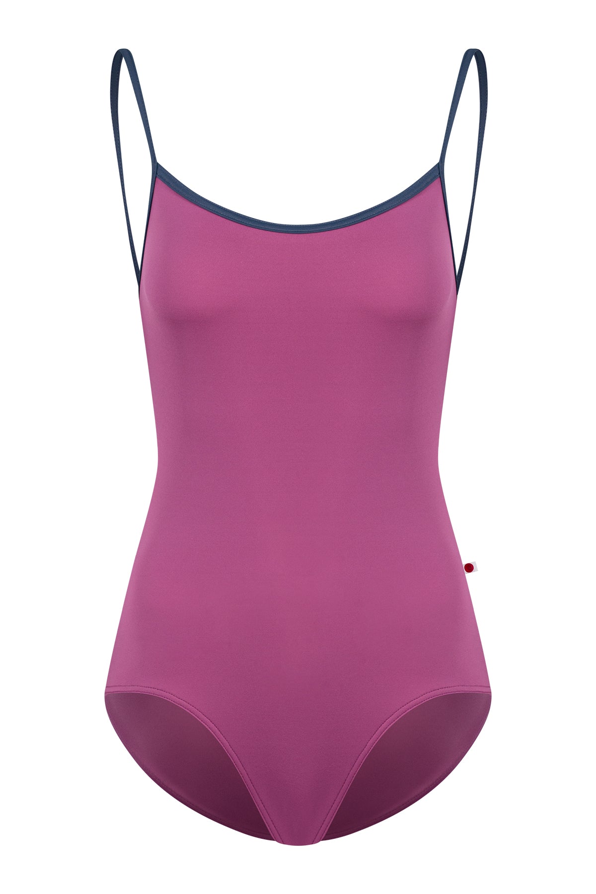 Kiki leotard, orchid-pink with a scoop neck and charcoal strap trim.