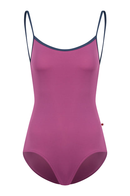 Kiki leotard, orchid-pink with a scoop neck and charcoal strap trim.