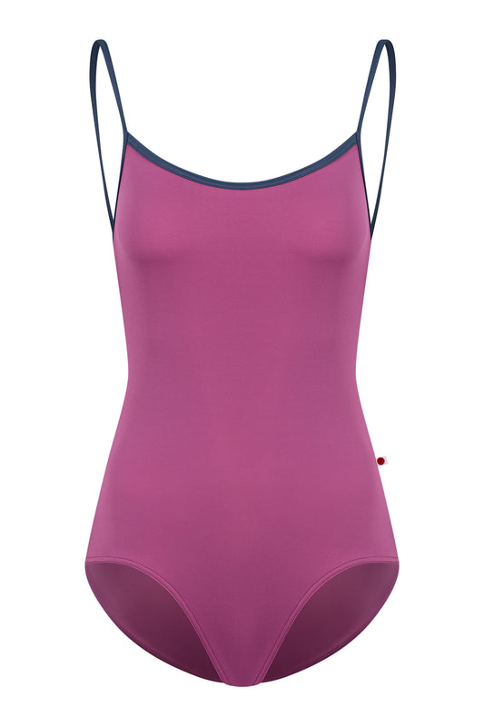 Kiki leotard, orchid-pink with a scoop neck and charcoal strap trim.