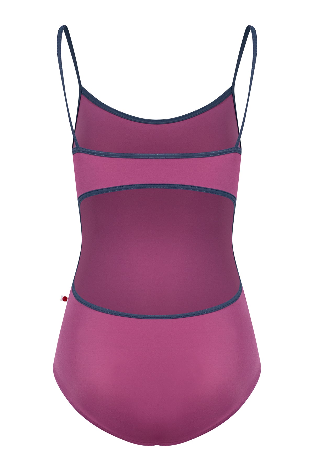 Kiki leotard, orchid-pink with a scoop neck and charcoal strap trim.