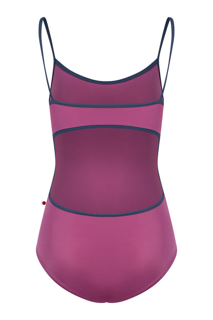 Kiki leotard, orchid-pink with a scoop neck and charcoal strap trim.