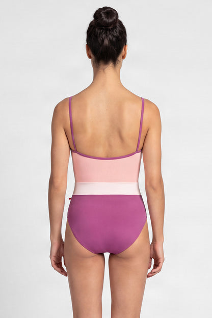 AI-generated model. Micah leotard, blush bodice and a magenta body with a pale-pink waistband, thin straps.