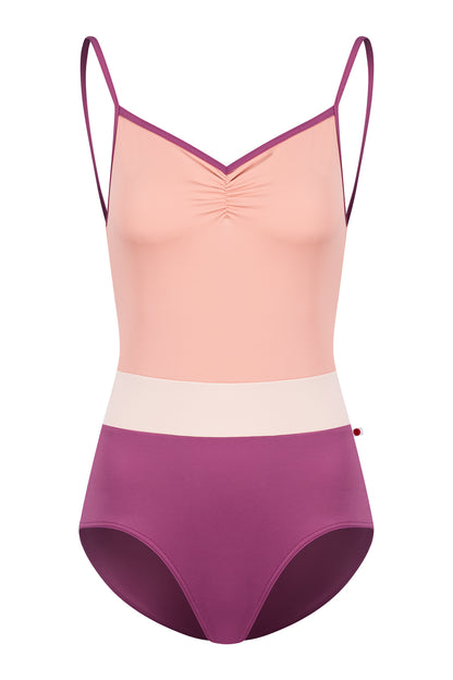 Micah leotard, blush bodice and a magenta body with a pale-pink waistband, thin straps.