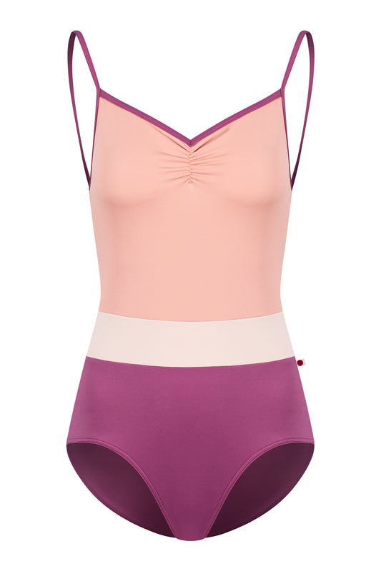 Micah leotard, blush bodice and a magenta body with a pale-pink waistband, thin straps.