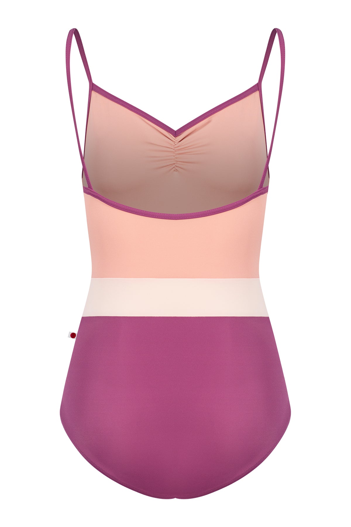 Micah leotard, blush bodice and a magenta body with a pale-pink waistband, thin straps.