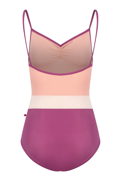 Micah leotard, blush bodice and a magenta body with a pale-pink waistband, thin straps.