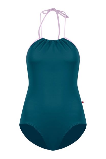 Monique leotard, teal with a pale-pink halter neckline and gathered front.