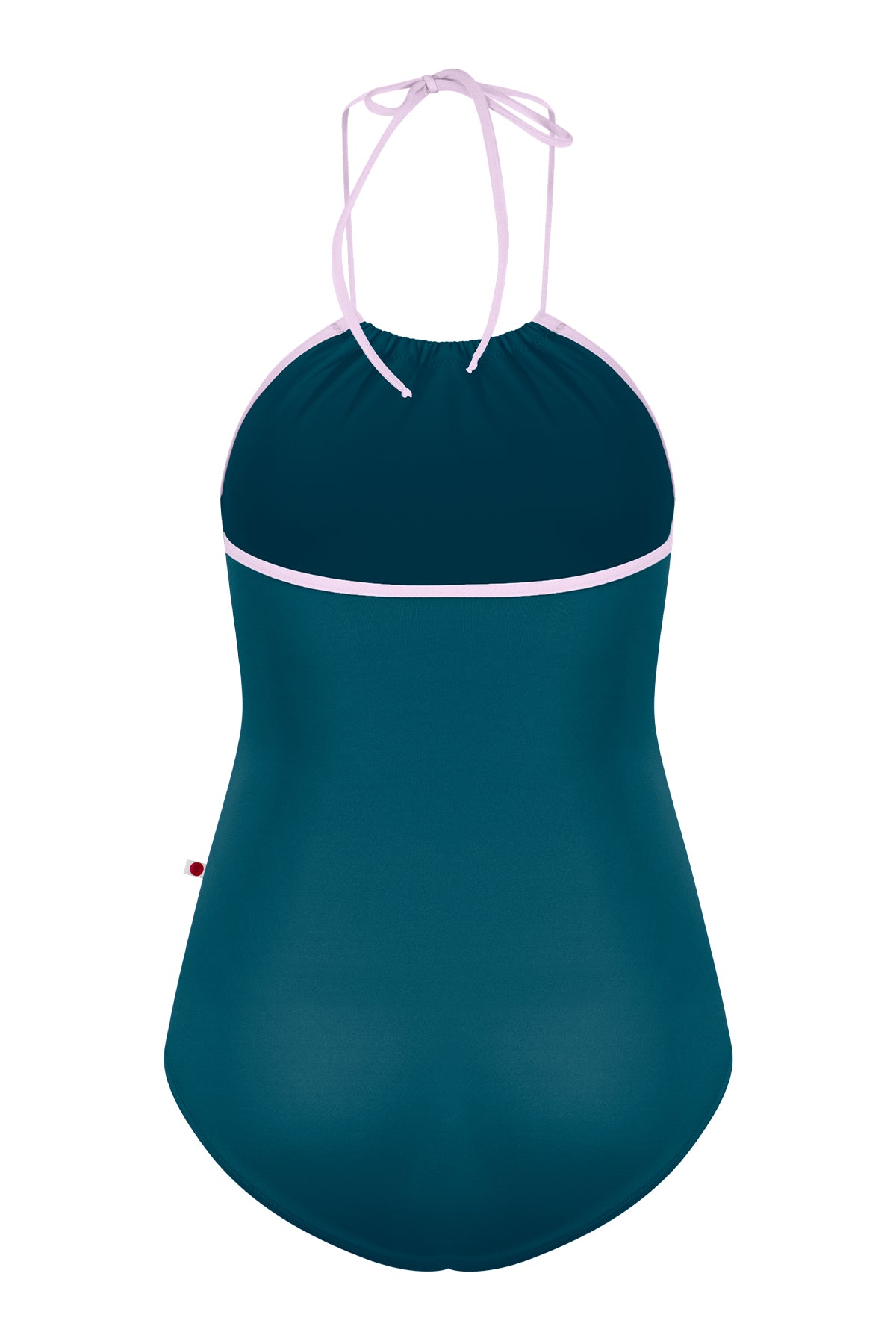 Monique leotard, teal with a pale-pink halter neckline and gathered front.