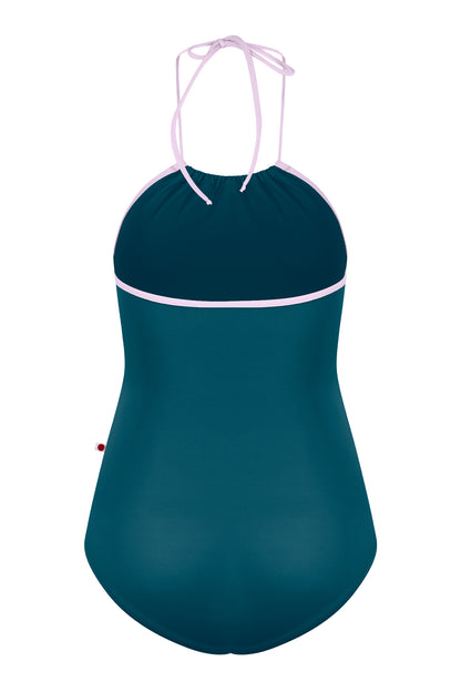 Monique leotard, teal with a pale-pink halter neckline and gathered front.