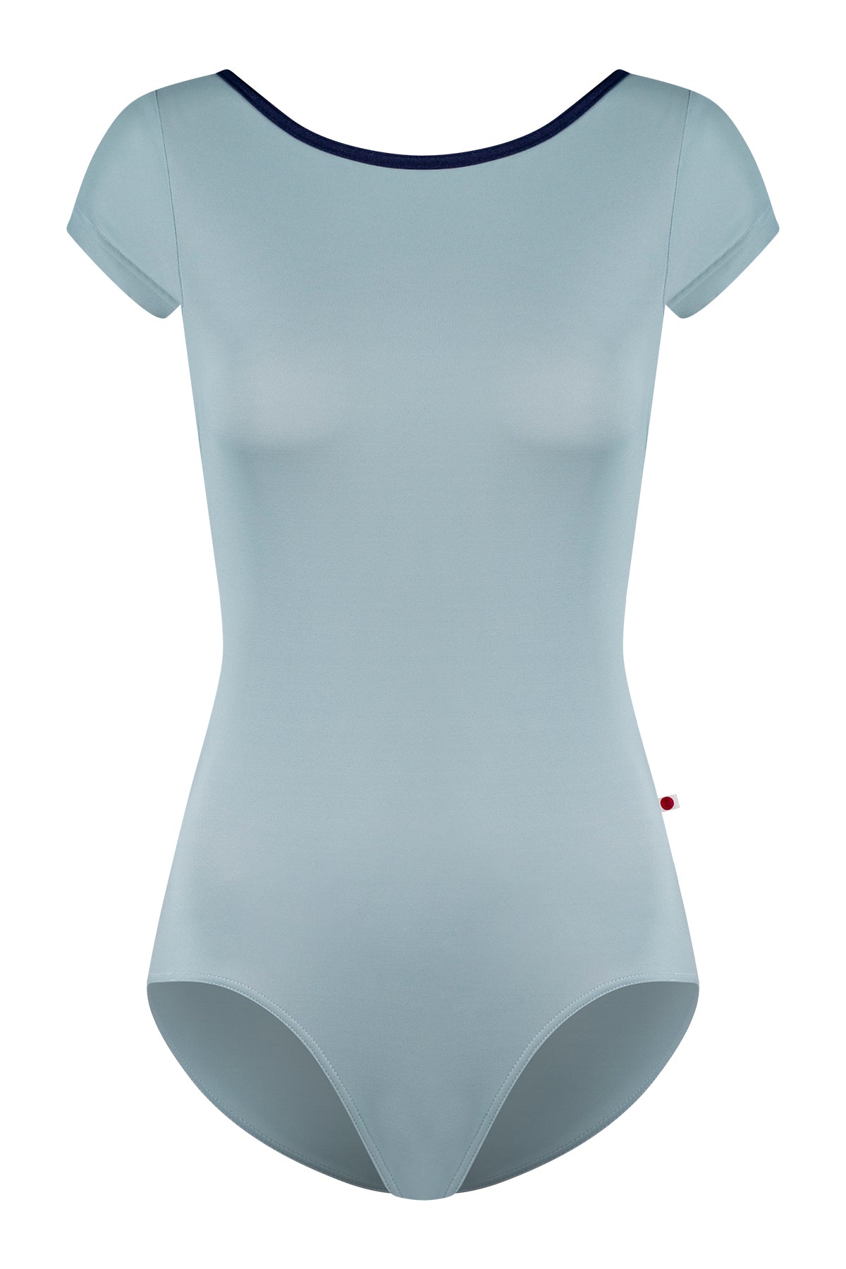 Sofiane leotard, pale grey-blue with a boat neckline and navy trim, cap sleeves.