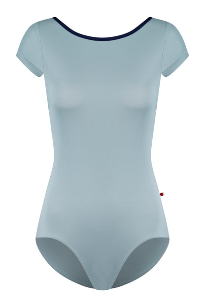 Sofiane leotard, pale grey-blue with a boat neckline and navy trim, cap sleeves.