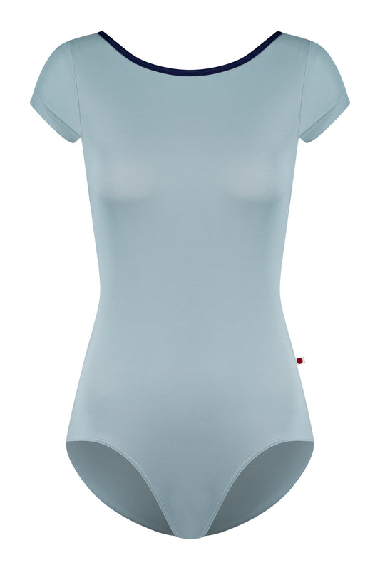 Sofiane leotard, pale grey-blue with a boat neckline and navy trim, cap sleeves.