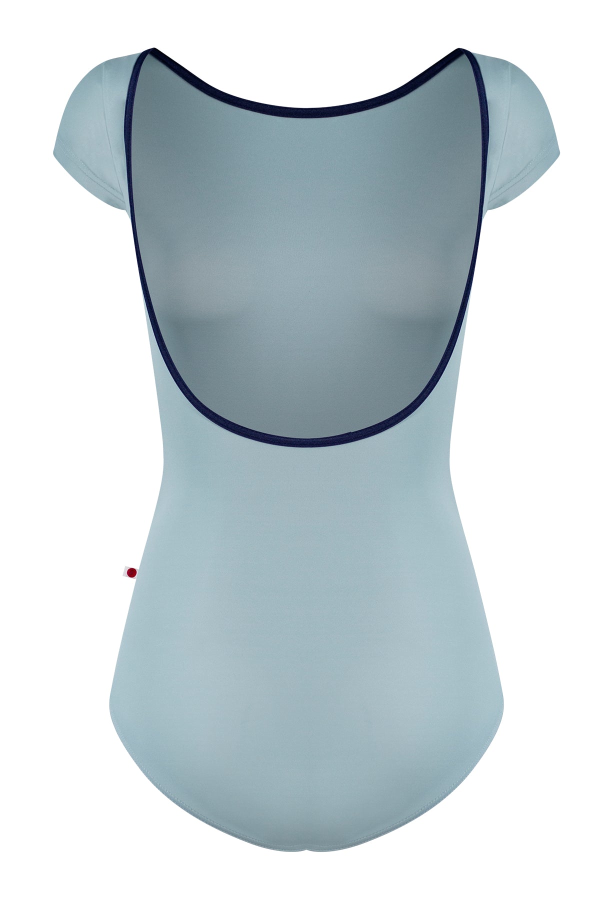 Sofiane leotard, pale grey-blue with a boat neckline and navy trim, cap sleeves.
