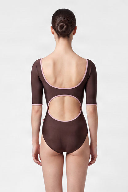 AI-generated model. Veronique leotard, mocha-brown with a scoop neck, pink trim and three-quarter sleeves.