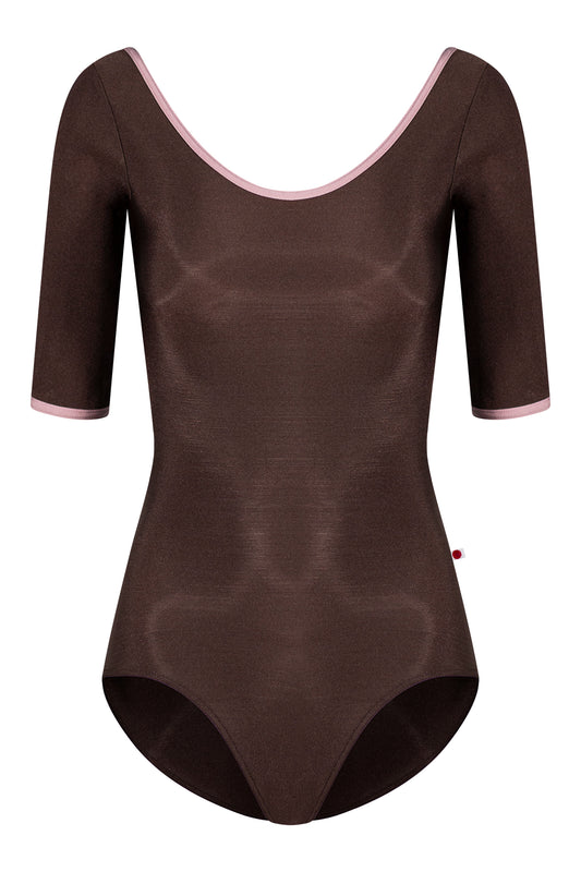Veronique leotard, mocha-brown with a scoop neck, pink trim and three-quarter sleeves.