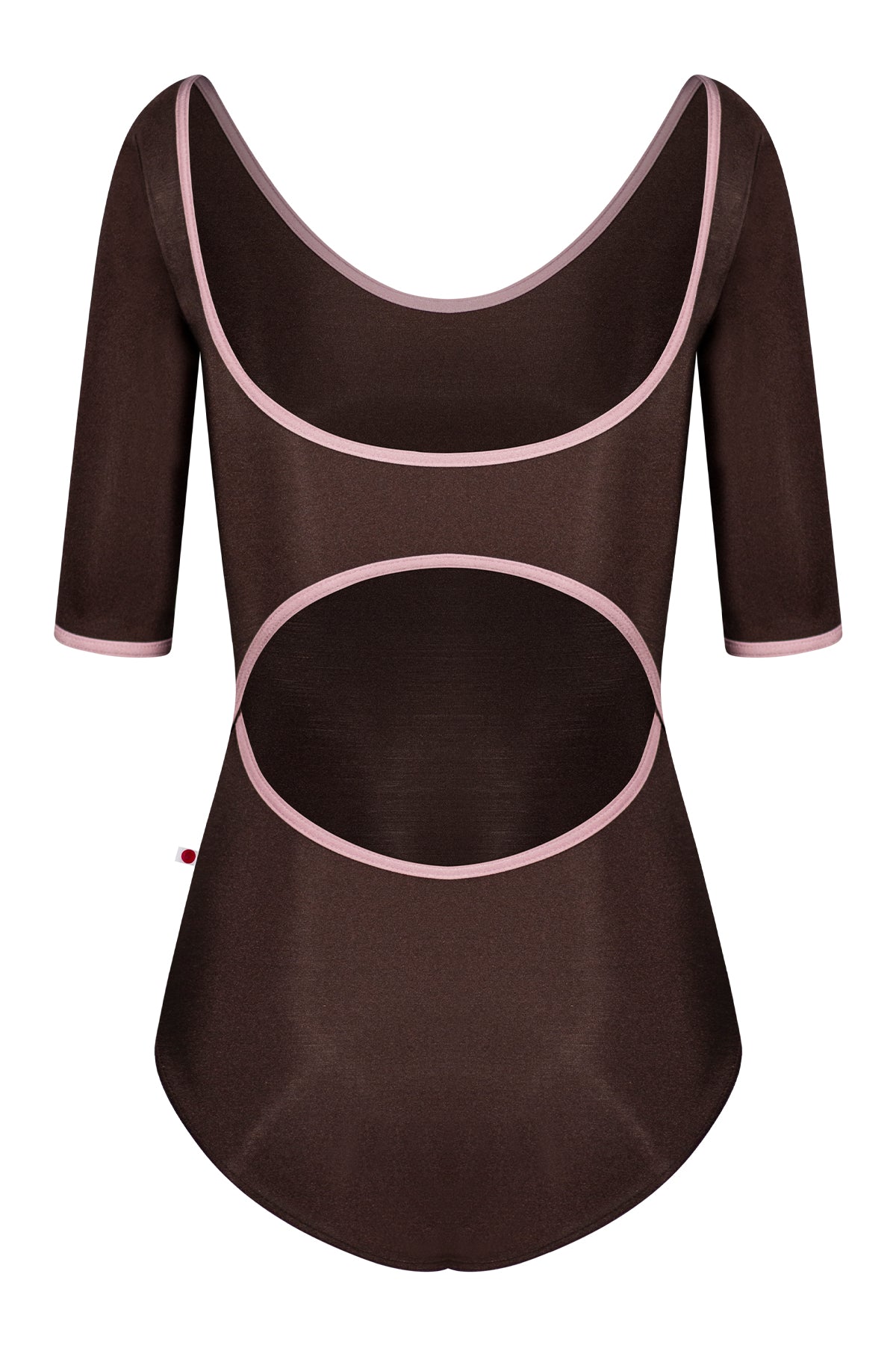 Veronique leotard, mocha-brown with a scoop neck, pink trim and three-quarter sleeves.