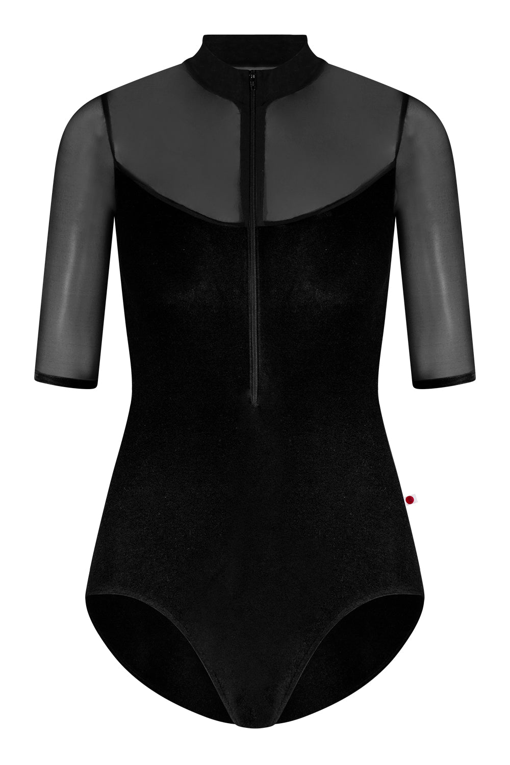 Jessica Mesh Variation 2 leotard in V-Black body color with Mesh Black top color, Half sleeves and collar color & V-Black trim color